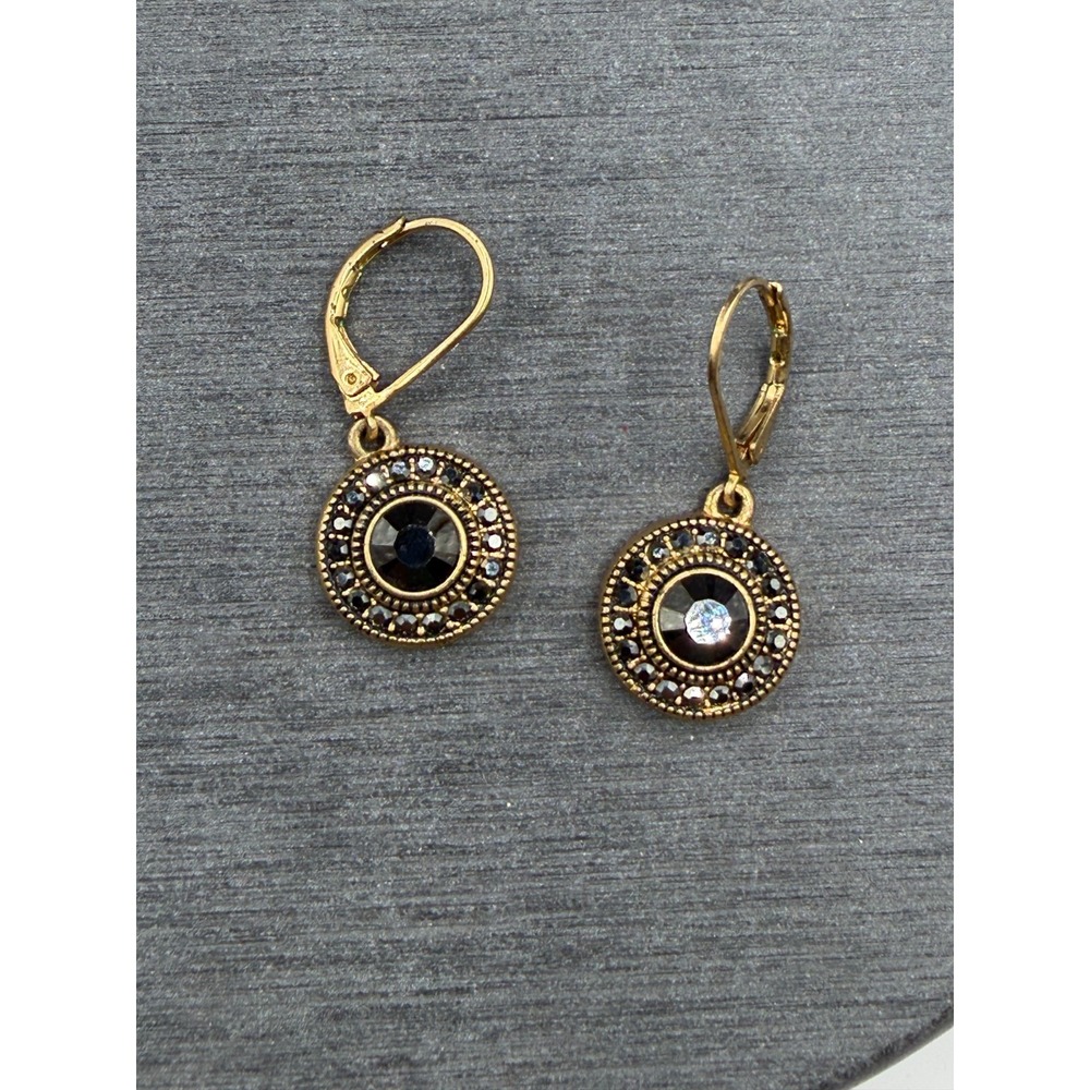 Gold Tone Black Rhinestone Round Drop Leverback Earrings Boho Statement Fashion